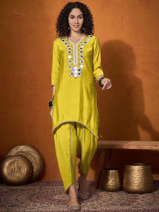 Women Lime Yellow Mirror Work Tunic with Trouser Co Ord Set